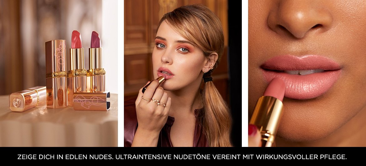 Collage: Color Riche Les Nus Produktlinie und Frau trägt den Lippenstift auf